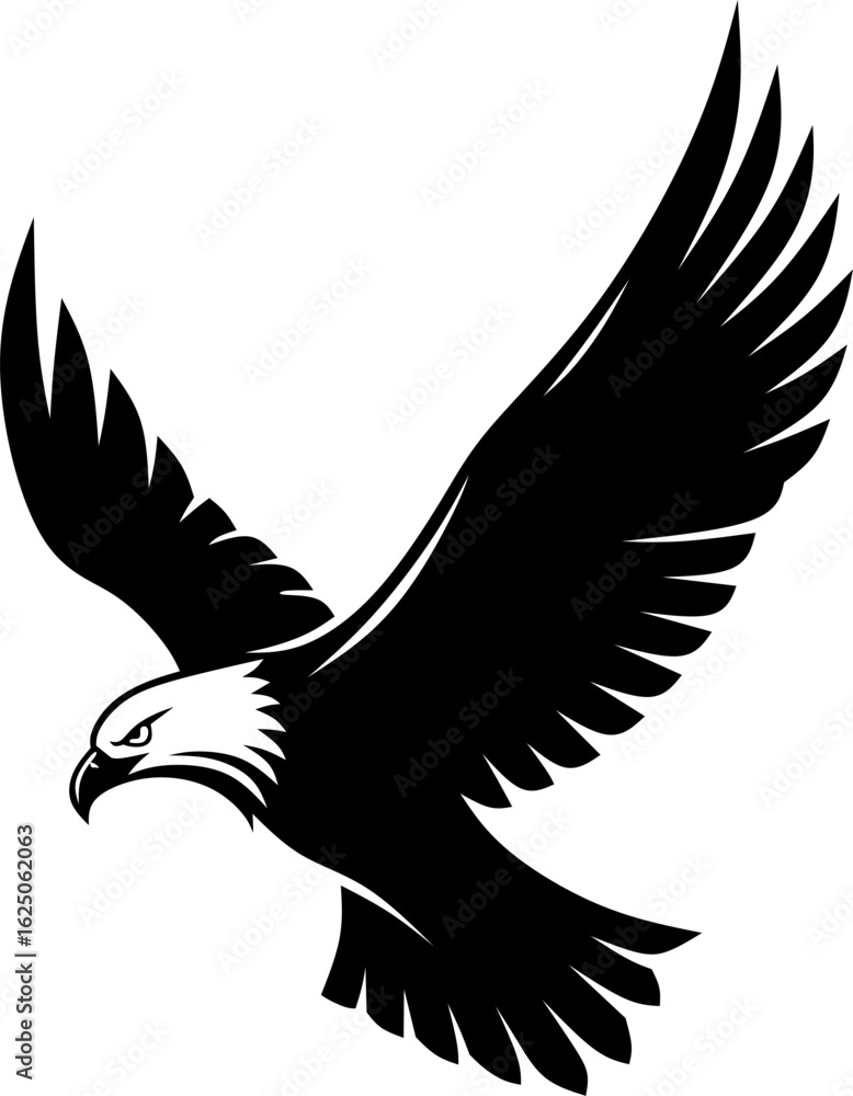 Fototapeta premium A powerful black and white graphic illustration of a flying bald eagle. This bold emblem symbolizes freedom and strength.