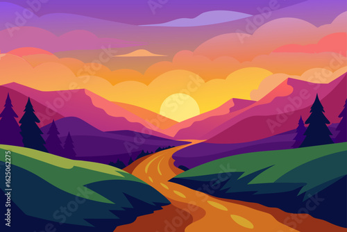 Vibrant sunset over a winding road through colorful mountains and hills