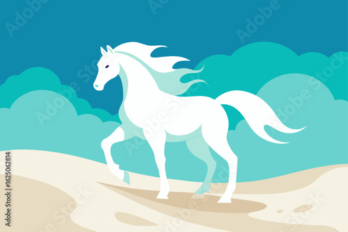 Majestic white horse galloping through a dreamy landscape