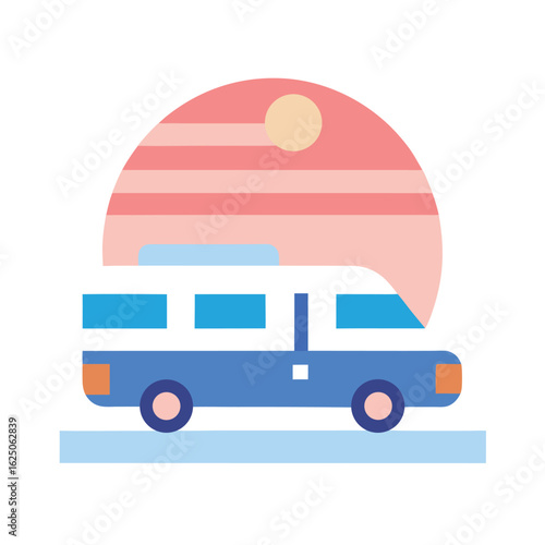 Vanlife aesthetic with camper van ocean and pine trees on white background adventure travel lifestyle  