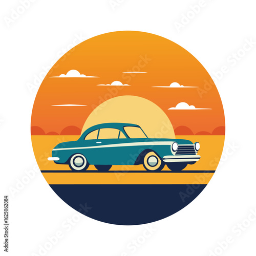 Vintage car parked on a beach during golden sunset vector tropical holiday scene artwork
