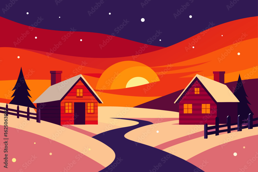 Fototapeta premium Cozy cabins nestled in a snowy landscape at sunset