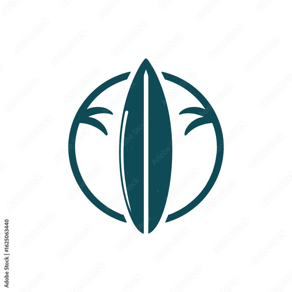 Abstract logo design featuring a surfboard surrounded by stylized palm leaves, ideal for beach-themed branding Abstract logo design featuring a surfboard surrounded by stylized palm leaves, ideal for beach-themed branding