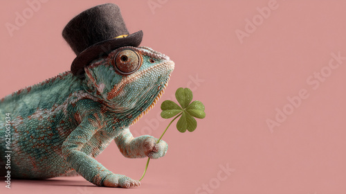 Chameleon in top hat holding shamrock on pink background. St Patrick’s Day lucky charm concept.