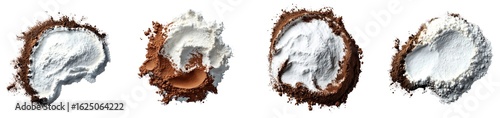 Collection of various flour partially mixed with cocoa powder isolated on transparent background