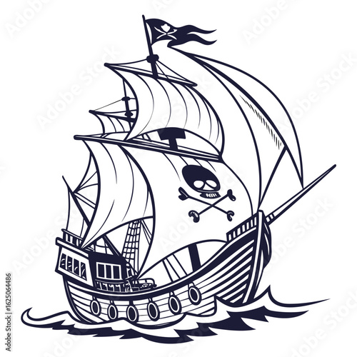 Vintage pirate ship with jolly roger flag sailing on the sea. Vector