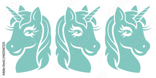 Three teal unicorn heads in profile with spiraling horns and flowing manes