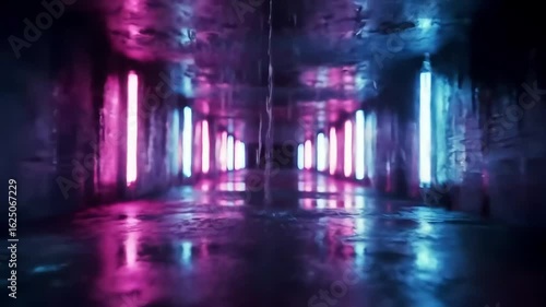Wet neon tunnel, pink blue lights, dripping ceiling, futuristic background, game backdrop
