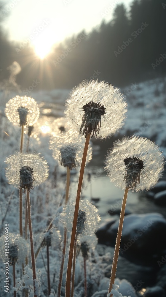 Fototapeta premium Frozen Dandelions at Sunrise by a Winter Stream