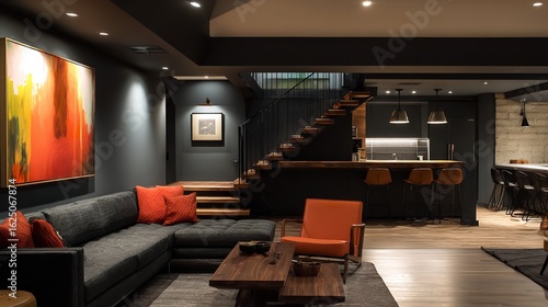 Contemporary Basement Living Space Design with Open Concept Bar and Modern Artistic Elements