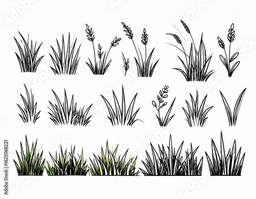 Grass doodle set. Hand drawn grass field. Hand drawn grass silhouette collection. 