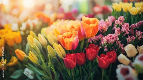 A vibrant display of colorful tulips and hyacinths in a market setting.