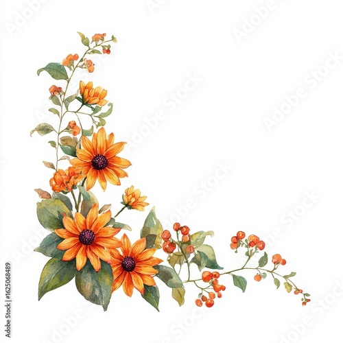 Watercolor Painted Corner Border with Orange Flowers and Red Berries on White