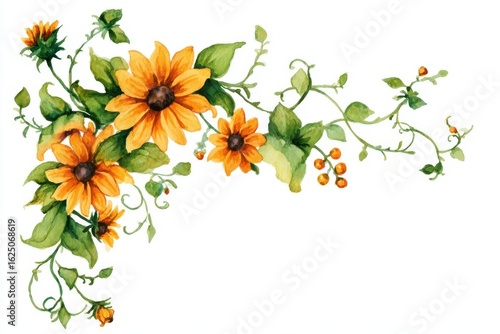 Watercolor Sunflower with Vine Tendrils and Berries on White Backdrop