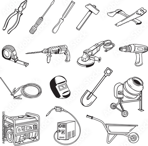 Construction tools for repairs. Mechanic tools cartoon doodle set isolated on white background. Vector illustration lineart