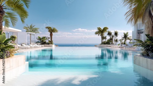 Luxury tropical resort swimming pool surrounded by palm trees, lounge chairs, and sun umbrellas. Seamless loop 4k