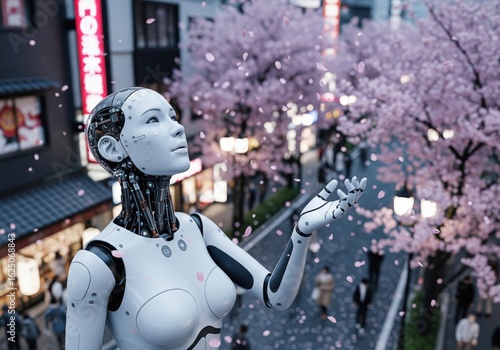 Humanoid Robot Admiring Cherry Blossoms Hanami in Kyoto