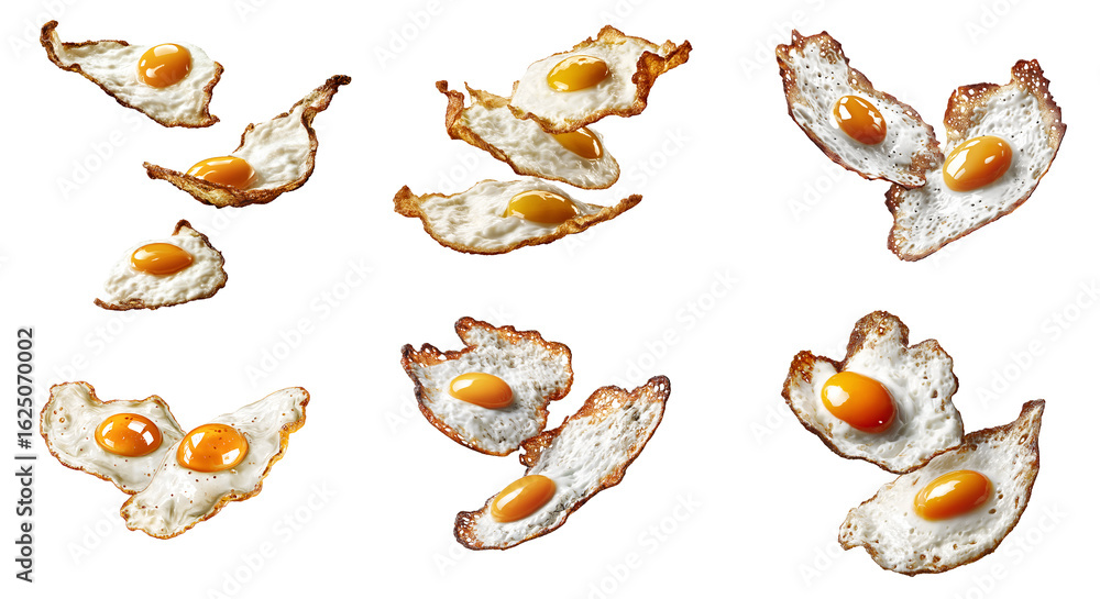 Naklejka premium Collection of various fried eggs in the air isolated on transparent background