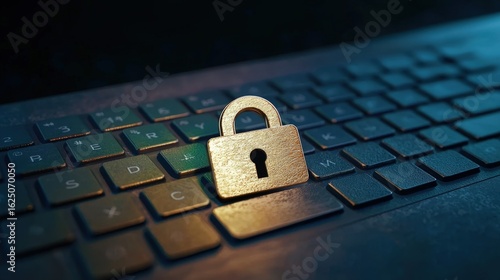 Golden padlock on a dark computer keyboard symbolizing cybersecurity, data protection, privacy, and online safety in a modern digital environment