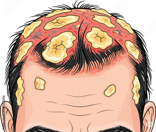 Close-up illustration of a scalp affected by numerous, inflamed, crusty lesions.