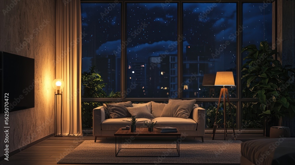 Fototapeta premium A cozy living room with a large window overlooking a cityscape at night, featuring a beige sofa, a coffee table, and a television on a stand.