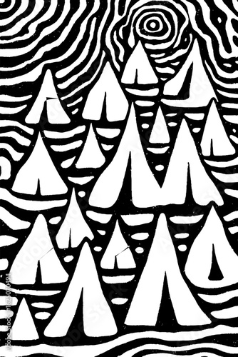 Abstract camping adventure with stylised tents and campers in artistic pattern