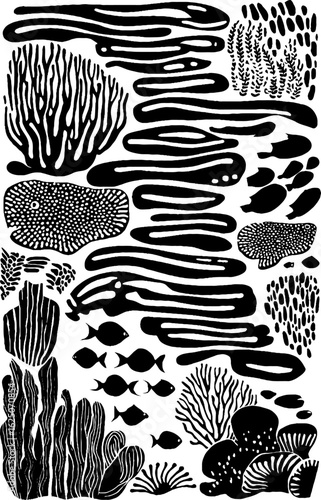 Black and white underwater coral reef pattern design for nature-inspired artwork and marine life themes