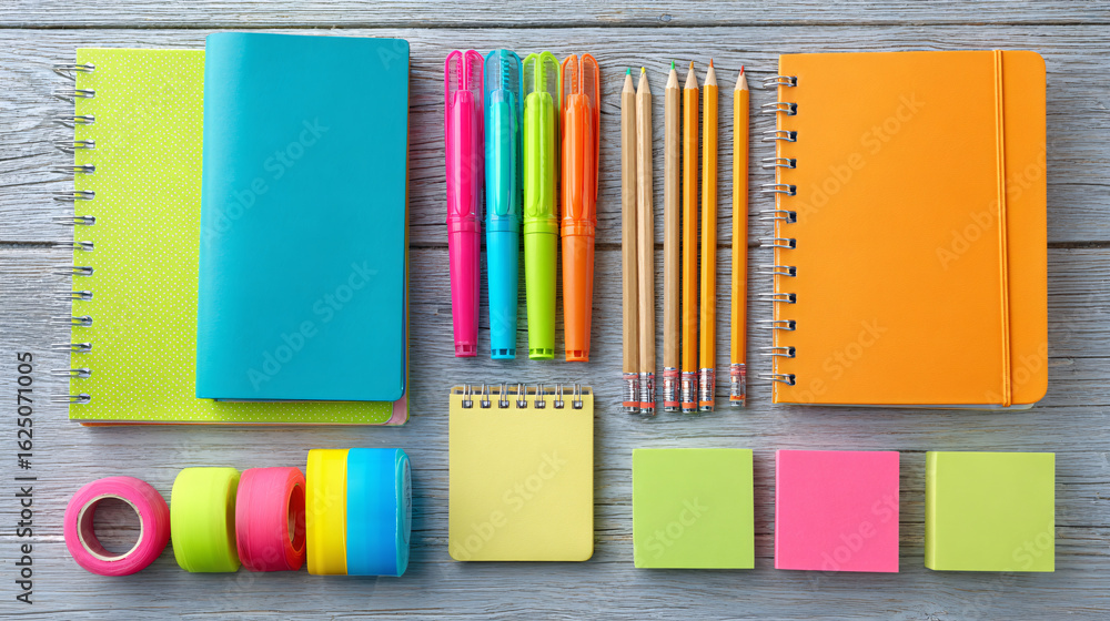 Obraz premium Vibrant Flat Lay of School Supplies with Notebooks and Colorful Stationery