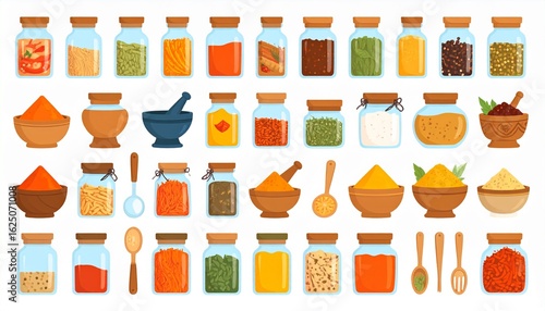 Vector illustration set of spices, herbs, and seasonings for cooking. Turmeric, 