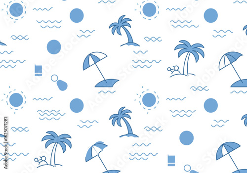 Seamless beach pattern isolated on white background featuring suns, palm trees, umbrellas, and waves, creating a summery and tropical vacation vibe