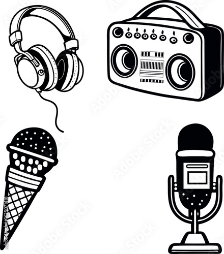 Music equipment black and white illustration headphones, boombox, and microphone drawings