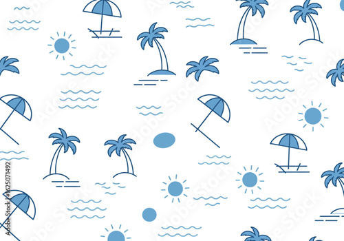 Seamless beach pattern isolated on white background featuring suns, palm trees, umbrellas, and waves, creating a summery and tropical vacation vibe