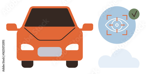 Orange car paired with an eye recognition interface, a cloud, and a checkmark. Ideal for AI, automotive innovation, technology, security, futuristic concepts, automation simple flat metaphor