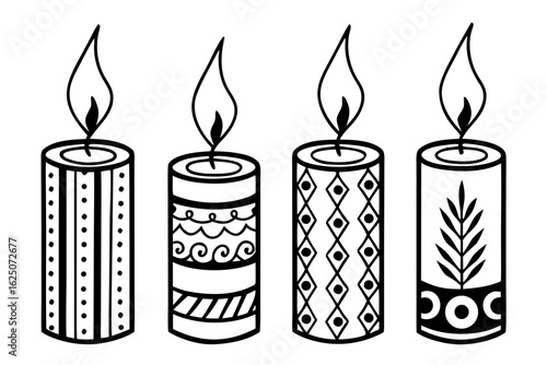 A collection of four lit candles with decorative ornamental patterns. Black and white line art illustration for spirituality, celebration, and relaxation concepts.
