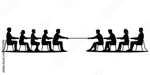 Silhouettes of teams pulling a rope in a tug of war competition