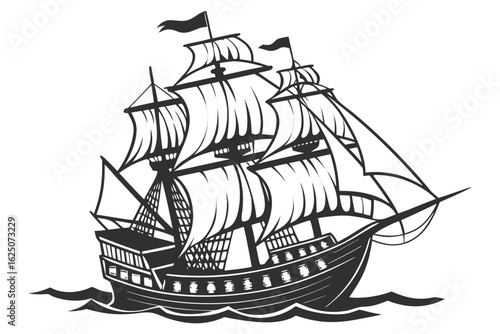 A classic sailing galleon navigating the open sea with full sails. A vintage black and white vector illustration of a tall ship on the ocean waves.