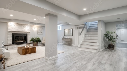 Beautifully renovated basement featuring cozy living area with fireplace and stunning staircase design