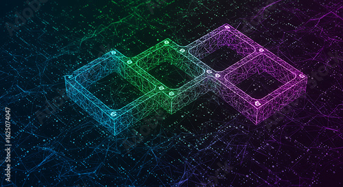 Abstract glowing geometric shapes with vibrant neon colors on dark background