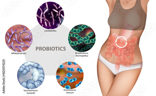 Scientific Vector Graphic Showing Probiotic Species Around Digestive Tract Overlay. Lactobacillus, Bifidobacterium, Streptococcus thermophilus, Saccharomyces boulardii, and Enterococcus faecium