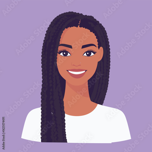 smiling face vector_1.eps, avatar of woman with long box braids and side part, smiling face vector