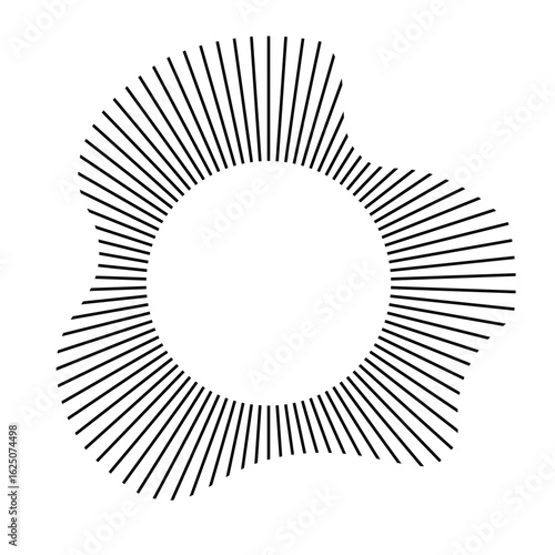 Radial wave sound lines. Circular frame. Sound circle ring. Wavy roun frame. Radial sun rays symbol. Wavy geometric silhouette. Abstract design element. Vector illustration on white background.