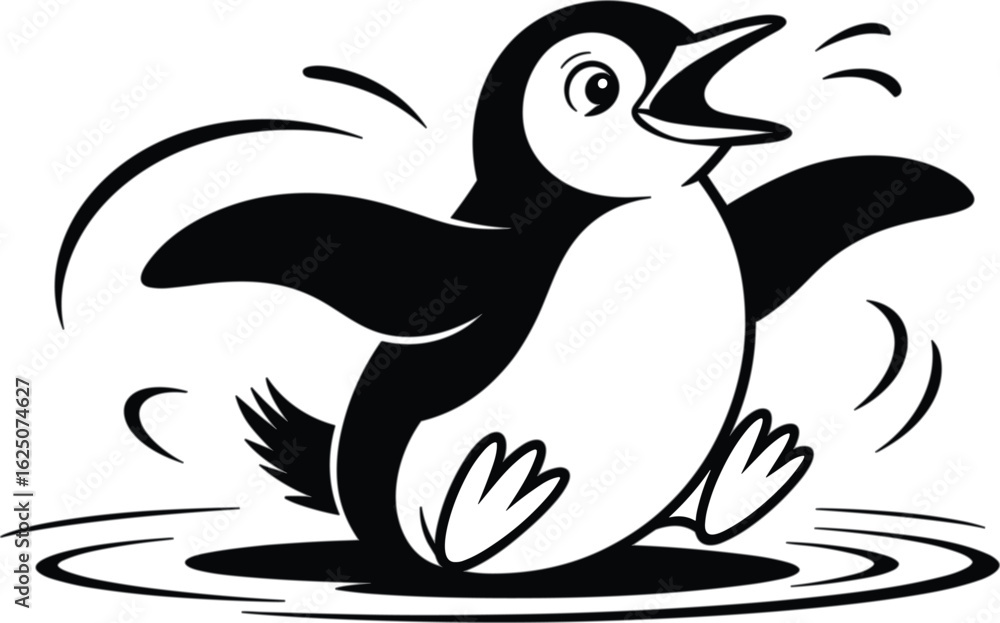 Fototapeta premium Joyful cartoon penguin with open beak and flippers spread wide in a puddle