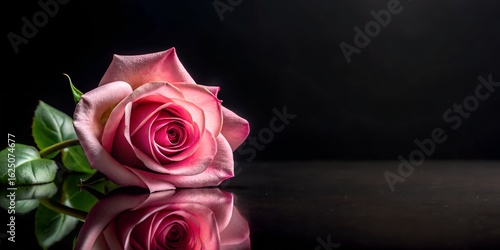 Elegant pink rose with delicate petals and green leaves reflected on a dark glossy surface