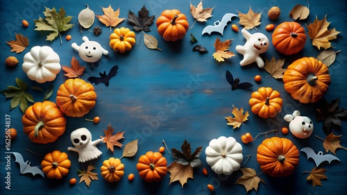 Halloween decorative wreath with pumpkins ghosts bats and leaves