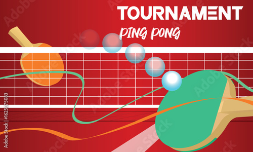 Ping pong tournament, flat style illustration on red background, rackets, ball, net. Table tennis championship banner, sports competition, racket sport, training, active lifestyle