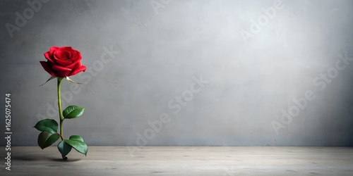 Single red rose standing tall against a textured gray wall with dramatic lighting
