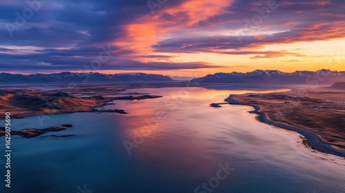 Wallpaper Mural Aerial view of Icelandâ€™s stunning landscape, coastal road, mountains, and ocean lit by the warm colors of sunset  Torontodigital.ca