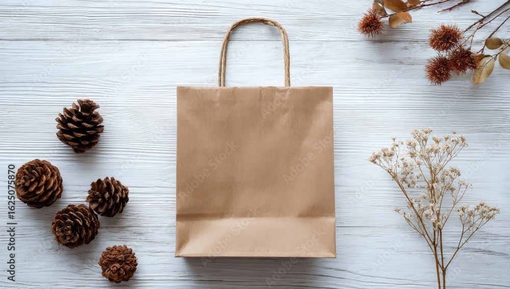 Obraz premium A light beige paper shopping bag sits centered on a white wooden surface, surrounded by dried natural elements