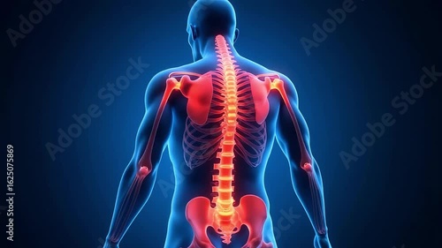 3d medical illustration of human spine and skeleton from back view

