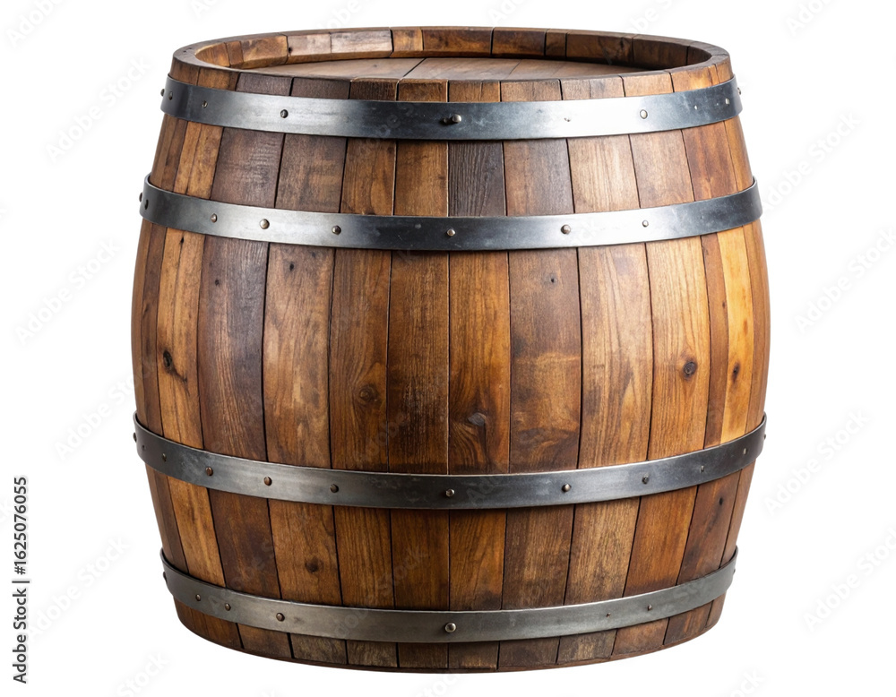 Fototapeta premium Old Wooden Barrel with Metal Hoops, Upright Position, Front View, Isolated PNG